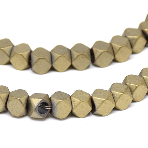 LIGHT GOLD PLATED (HB6080-89A) (HB6080-X) Hematite Strands, Polygon, 4mm Hole: 2mm (1 STR) Electroplate Synthetic Non-magnetic Hematite Beads Strands, Polygon, Golden Plated Size: about 4mm long, 4mm wide, 4mm thick, hole: 2mm; about 97pcs/strand, 15.7".