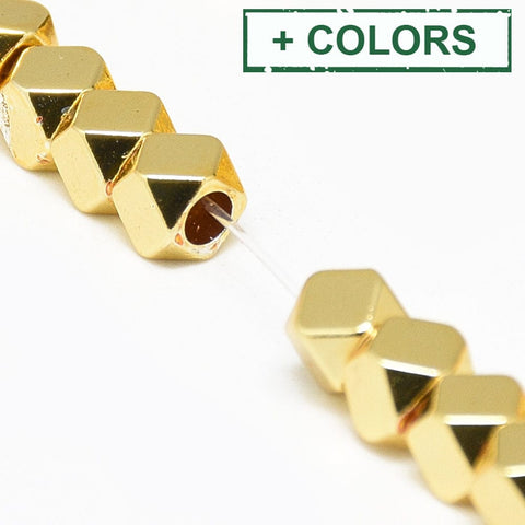 (HB6080-X) Hematite Strands, Polygon, 4mm Hole: 2mm (1 STR) Electroplate Synthetic Non-magnetic Hematite Beads Strands, Polygon, Golden Plated Size: about 4mm long, 4mm wide, 4mm thick, hole: 2mm; about 97pcs/strand, 15.7".