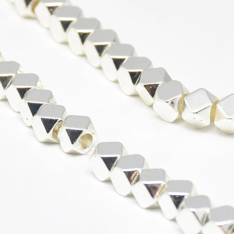 SILVER PLATED (HB6080B) (HB6080-X) Hematite Strands, Polygon, 4mm Hole: 2mm (1 STR) Electroplate Synthetic Non-magnetic Hematite Beads Strands, Polygon, Golden Plated Size: about 4mm long, 4mm wide, 4mm thick, hole: 2mm; about 97pcs/strand, 15.7".