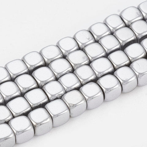 (HB6615A) Electroplated Non-magnetic Synthetic Hematite Beads Strands, Cube, platinum Plated Size: about 4mm long, 4mm wide, 4mm thick Electroplated Non-magnetic Synthetic Hematite Beads Strands, Cube, platinum Plated Size: about 4mm long, 4mm wide, 4mm thick, hole: 2mm; about 100pcs/strand