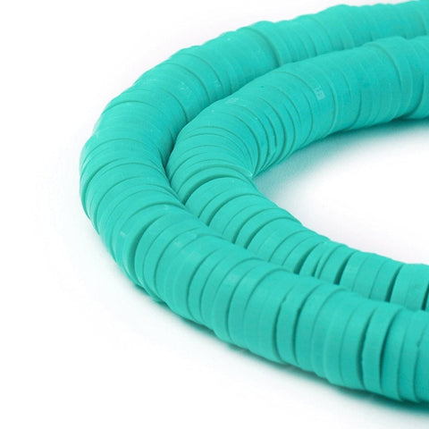 (HE6578T) Handmade Polymer Clay Beads, Disc-Flat Round, Heishi Beads, MediumTurquoise Size: about 6mm in diameter, 1mm thick Handmade Polymer Clay Beads, Disc/Flat Round, Heishi Beads, MediumTurquoise Size: about 6mm in diameter, 1mm thick, hole: 2mm; about 380~400pcs/strand