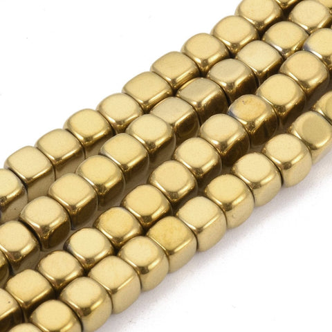 (HB6130A) Hematite Beads , Cube, Golden Plated 4mm long, 4mm wide, 4mm thick, hole: 2mm Electroplate Non-magnetic Synthetic Hematite Beads Strands, Cube, Golden Plated Size: about 4mm long, 4mm wide, 4mm thick, hole: 2mm; about 105pcs/strand,
