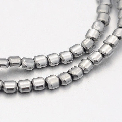 Hematite Beads Strand, Column, Platinum Plated 3MM (HB5118) Electroplate Non-magnetic Synthetic Hematite Beads Strand, Column, Platinum Plated Size: about 3mm wide, 3mm long, 2mm thick. hole: 1mm; about 150pcs/strand, 15.7"