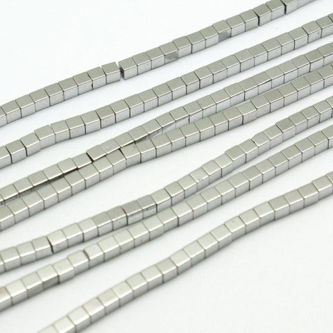 Hematite Beads Strands, Cube, Silver Plated 2MM (HB5120) Non-magnetic Synthetic Hematite Beads Strands, Cube, Silver Plated Size: about 2mm in diameter, hole: 1mm, about 174pcs/strand, 15.5".