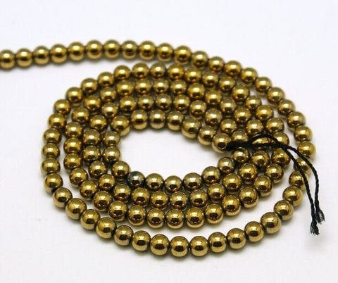 Hematite Beads Strands, Round, Golden Plated 3mm Non-magnetic Synthetic Hematite Beads Strands, Round, Golden Plated Size: about 3mm in diameter, hole: 1mm; about 138pcs/strand, 15.7".