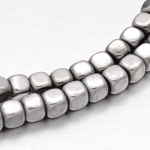 Hematite Cube Beads, Silver, 3mm Cube Electroplate Non-magnetic Synthetic Hematite Beads Strands, Silver Plated Size: about 3mm wide, 3mm long, 3mm thick, hole: 0.5mm; about 150pcs/strand, 15.7"