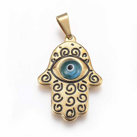 (HH5276) 304 Stainless Steel Pendants, Evil Eye, Hamsa , Golden 28MM (1 PC) 304 Stainless Steel Pendants, with Glass and Enamel Evil Eye, Hamsa Hand/Hand of Fatima/Hand of Miriam, Golden Size: about 28mm long, 20mm wide, 4mm thick, hole: 7x3mm.