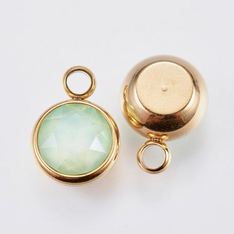 LIGHT GREEN K9 Glass Pendants, about 10mm K9 Glass Pendants, with 304 Stainless Steel Findings, Faceted, Flat Round, Golden, Violet Size: about 10mm wide, 13.5mm long, 6mm thick, hole: 2.5mm.