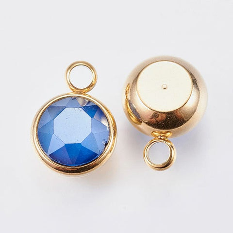 ROYAL BLUE K9 Glass Pendants, about 10mm K9 Glass Pendants, with 304 Stainless Steel Findings, Faceted, Flat Round, Golden, Violet Size: about 10mm wide, 13.5mm long, 6mm thick, hole: 2.5mm.