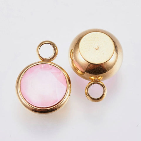 LIGHT PINK K9 Glass Pendants, about 10mm K9 Glass Pendants, with 304 Stainless Steel Findings, Faceted, Flat Round, Golden, Violet Size: about 10mm wide, 13.5mm long, 6mm thick, hole: 2.5mm.