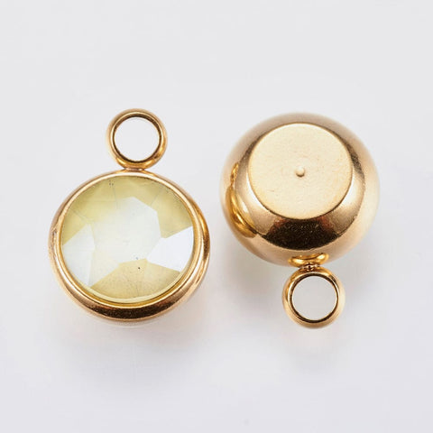YELLOW K9 Glass Pendants, about 10mm K9 Glass Pendants, with 304 Stainless Steel Findings, Faceted, Flat Round, Golden, Violet Size: about 10mm wide, 13.5mm long, 6mm thick, hole: 2.5mm.