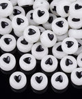 Luminous Acrylic Beads, Flat Round with Heart, Creamy BLACK-White 7mm Luminous Acrylic Beads, Flat Round with Heart, Creamy White Size: about 7mm in diameter, 3.5~4mm thick, hole: 1.2mm