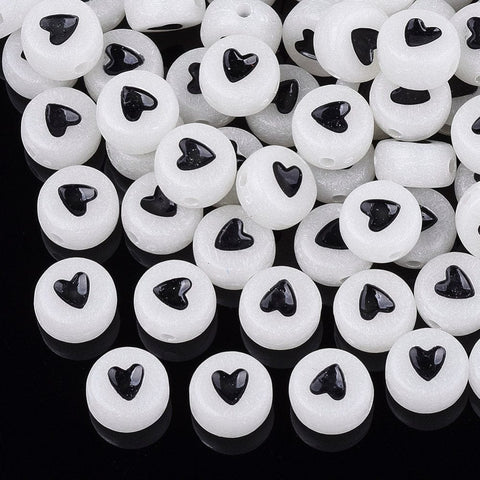 Luminous Acrylic Beads, Flat Round with Heart, Creamy BLACK-White 7mm Luminous Acrylic Beads, Flat Round with Heart, Creamy White Size: about 7mm in diameter, 3.5~4mm thick, hole: 1.2mm