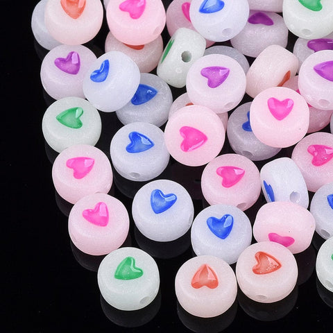 Luminous Acrylic Beads, Flat Round with Heart, Mixed Color 7mm Luminous Acrylic Beads, Flat Round with Heart, Mixed Color 7mm