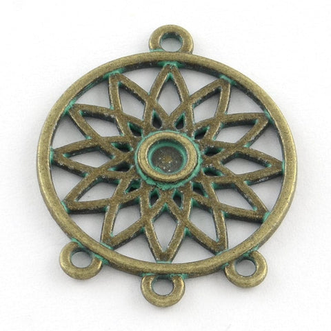 (MP4746) Flower Zinc Alloy Flat Round Tray Chandelier Components Links (3 PCS) Flower Zinc Alloy Flat Round Tray Chandelier Components Links Cabochon Settings, Lead Free & Nickel Free, Antique Bronze Green Size: about 33mm long, 26.5mm wide, 2mm thick, hole: 1.5~2mm; tray: 4mm.