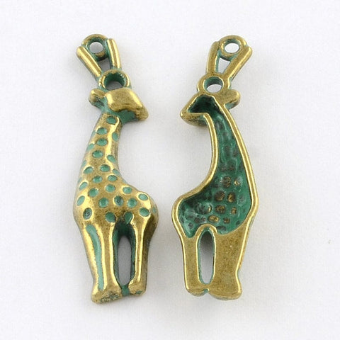 (MP4750) Giraffe Zinc Alloy Pendants (4 PCS) Giraffe Zinc Alloy Pendants, Lead Free & Nickel Free, Antique Bronze Green Size: about 40mm long, 11mm wide, 4mm thick, hole: 2mm.