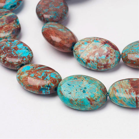 Natural Chrysocolla Beads Strands, Dyed & Heated, Flat Oval, 19.5~20.5mm Natural Chrysocolla Beads Strands, Dyed & Heated, Flat Oval Size: about 15mm wide, 19.5~20.5mm long, 6~7mm thick, hole: 1mm; about 20pcs/strand, 15.3"(39cm).