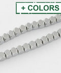 Non-magnetic Synthetic Hematite, Faceted Cube, 4mm Non-magnetic Synthetic Hematite Beads Strands, Faceted, Grade A, Round, Green Plated Size: about 4mm in diameter, 4mm thick, hole: 1mm; 100pcs/strand, 15.5".