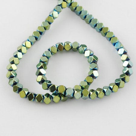 GREEN PLATED Non-magnetic Synthetic Hematite, Faceted Cube, 4mm Non-magnetic Synthetic Hematite Beads Strands, Faceted, Grade A, Round, Green Plated Size: about 4mm in diameter, 4mm thick, hole: 1mm; 100pcs/strand, 15.5".