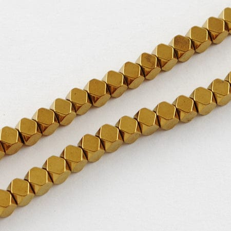 GOLDEN PLATED Non-magnetic Synthetic Hematite, Faceted Cube, 4mm Non-magnetic Synthetic Hematite Beads Strands, Faceted, Grade A, Round, Green Plated Size: about 4mm in diameter, 4mm thick, hole: 1mm; 100pcs/strand, 15.5".