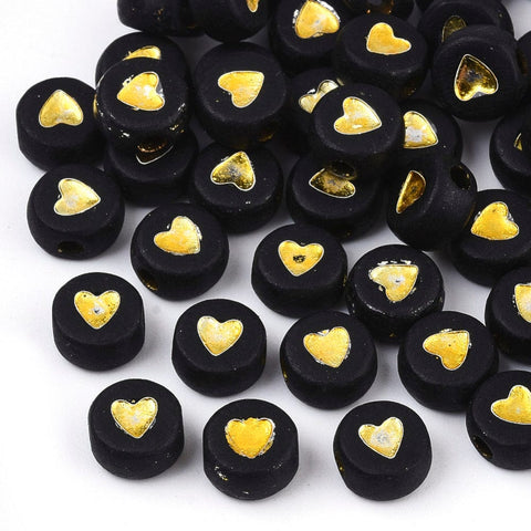 Opaque Acrylic Beads, Flat Round with Heart, Goldenrod 7mm Opaque Acrylic Beads, Flat Round with Heart, Goldenrod 7mm