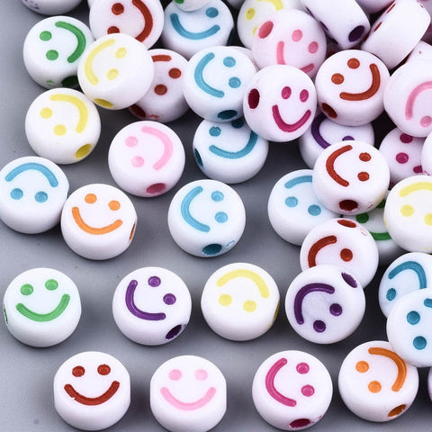 Opaque Craft Acrylic Beads, Flat Round with Smiling Face, Mixed 10mm Opaque Craft Acrylic Beads, Flat Round with Smiling Face, Mixed 10mm