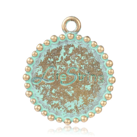 (PE5621) Flat Round with Tree , Antique Bronze & Green Patina 25mm long, (4 PCS) Flat Round with Tree and Word Alloy Pendants, Nickel Free, Antique Bronze & Green Patina Size: about 21mm wide, 25mm long, 3mm thick, hole: 2mm.