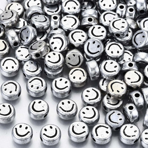 Silver / Black Enlaced Plated Acrylic Beads, Flat Round with Smiling Face,7mm (10GMS/+-70 PCS) Plated Acrylic Beads, Flat Round with Smiling Face,7mm (10GMS/+-70 PCS)