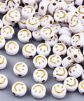 White / Gold Enlaced Plated Acrylic Beads, Flat Round with Smiling Face,7mm (10GMS/+-70 PCS) Plated Acrylic Beads, Flat Round with Smiling Face,7mm (10GMS/+-70 PCS)