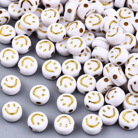 White / Gold Enlaced Plated Acrylic Beads, Flat Round with Smiling Face,7mm (10GMS/+-70 PCS) Plated Acrylic Beads, Flat Round with Smiling Face,7mm (10GMS/+-70 PCS)