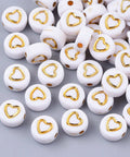 Plating Acrylic Beads, Flat Round with Heart, Golden Plated 7mm (10 GMS) Plating Acrylic Beads, Metal Enlaced, Flat Round with Heart, Golden Plated Size: about 7mm in diameter, 4mm thick, hole: 1.5mm;