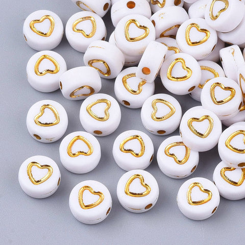 Plating Acrylic Beads, Flat Round with Heart, Golden Plated 7mm (10 GMS) Plating Acrylic Beads, Metal Enlaced, Flat Round with Heart, Golden Plated Size: about 7mm in diameter, 4mm thick, hole: 1.5mm;