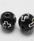 BLACK Plating Acrylic Beads, Silver Metal Enlaced, Round with Cross, 8mm Plating Acrylic Beads, Silver Metal Enlaced, Round with Cross, 8mm