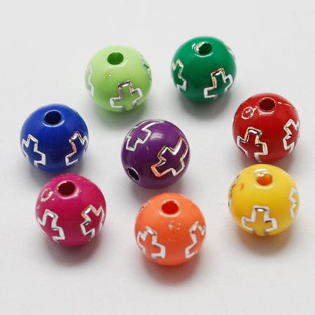 MIXED COLORS Plating Acrylic Beads, Silver Metal Enlaced, Round with Cross, 8mm Plating Acrylic Beads, Silver Metal Enlaced, Round with Cross, 8mm