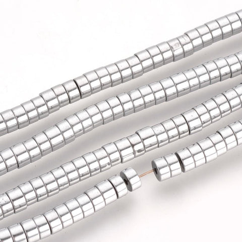 Platinum Plated Synthetic Hematite Beads Spacers, Heishi Plated 4mm Electroplate Non-magnetic Synthetic Hematite Beads Spacers Strands, Heishi Beads, Flat Round/Disc, platinum Plated Size: about 4mm in diameter, 2mm thick, hole: 1mm; about 200pcs/strand