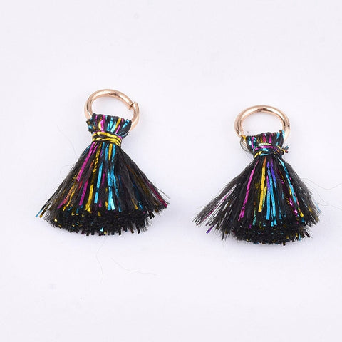 Black Polyester Tassel Pendants, with Metallic Cord, 10~15mm Polyester Tassel Pendants, with Metallic Cord, 10~15mm