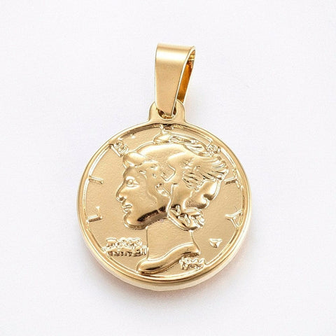 (SC5482) 304 Stainless Steel Pendants, coin, Golden 21MM 304 Stainless Steel Pendants, coin, Golden Size: about 21mm long, 18mm wide, 3mm thick, hole: 7x4mm.