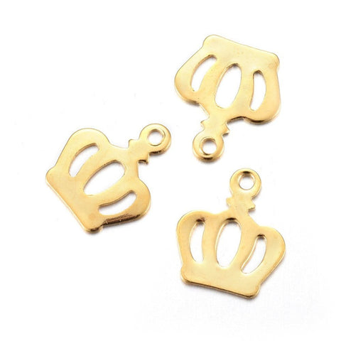 (SC6037) 304 Stainless Steel Charms, Crown, Golden Size: about 11mm wide,  (5 PCS) 304 Stainless Steel Charms, Crown, Golden Size: about 11mm wide, 13mm long, 0.6mm thick, hole: 1.4mm.