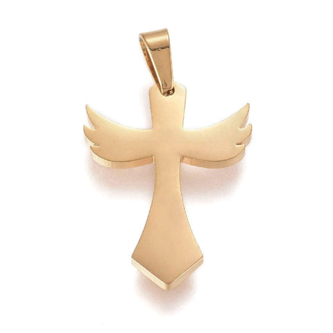 (SC6454A) 304 Stainless Steel, Cross & Wing, Golden 16X22MM (2 PCS) 304 Stainless Steel Pendants, Cross and Wing, Golden Size: about 16.5mm wide, 22.5mm long, 1.5mm thick, hole: 3x5mm.
