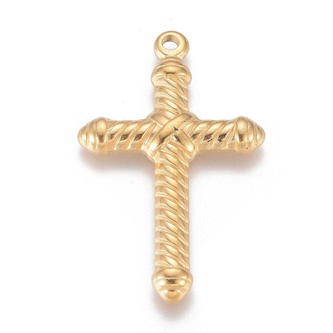 (SC6473A) 304 Stainless Steel Pendants, Cross, Golden Size: about 26mm wide, 42.5mm long, (2 PCS) 304 Stainless Steel Pendants, Cross, Golden Size: about 26mm wide, 42.5mm long, 4mm thick, hole: 2.5mm.