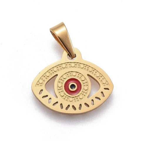 (SE5879) 304 Stainless Steel Pendants, with Enamel, Eye, Red, Golden Size: about 13mm long 304 Stainless Steel Pendants, with Enamel, Eye, Red, Golden Size: about 13mm long, 16mm wide, 1.5mm thick, hole: 5x3mm.