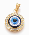 (SE6032A) Resin Pendants, with 304 Stainless Steel  Evi Eye, DodgerBlue, Golden18mm Resin Pendants, with 304 Stainless Steel Rhinestone Findings, Flat Round with Evi Eye, DodgerBlue, Golden Size: about 18mm wide, 22mm long, 6mm thick, hole: 4x7mm.