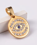 (SE6033) Flat Round with Eye 304 Stainless Steel Rhinestone Pendants, Golden Size: about 15mm wide, 17mm long, Flat Round with Eye 304 Stainless Steel Rhinestone Pendants, Golden Size: about 15mm wide, 17mm long, 2mm thick, hole: 7x4mm.