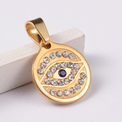 (SE6033) Flat Round with Eye 304 Stainless Steel Rhinestone Pendants, Golden Size: about 15mm wide, 17mm long, Flat Round with Eye 304 Stainless Steel Rhinestone Pendants, Golden Size: about 15mm wide, 17mm long, 2mm thick, hole: 7x4mm.