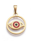 (SE6125A) 304 Stainless Steel Pendants, with Enamel, Ring with Eye, Golden, Red 18.5mm long 304 Stainless Steel Pendants, with Enamel, Ring with Eye, Golden, Red Size: about 18.5mm long, 16mm wide, 1.5mm thick, hole: 5.5x3mm.