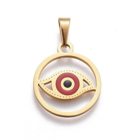 (SE6125A) 304 Stainless Steel Pendants, with Enamel, Ring with Eye, Golden, Red 18.5mm long 304 Stainless Steel Pendants, with Enamel, Ring with Eye, Golden, Red Size: about 18.5mm long, 16mm wide, 1.5mm thick, hole: 5.5x3mm.