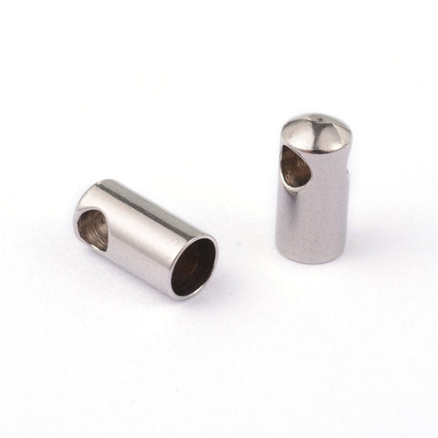 (SE6617A) 304 Stainless Steel Cord Ends, End Caps, Size: about 9.2mm long, 4.5mm in diameter, 3.9mm inner  (4 PCS) 304 Stainless Steel Cord Ends, End Caps, Stainless Steel Color Size: about 9.2mm long, 4.5mm in diameter, 3.9mm inner diameter, hole: 3mm