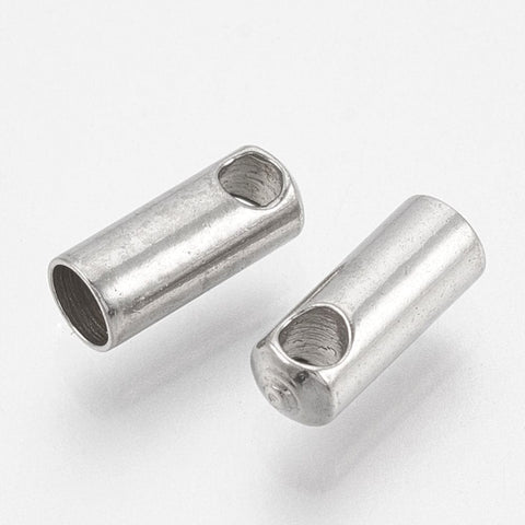 (SE6618A)  304 Stainless Steel Cord Ends, End Caps, : about 8.5mm long, 4mm in diameter, 3.2mm inner  (10 PCS) 304 Stainless Steel Cord Ends, End Caps, Stainless Steel Color Size: about 8.5mm long, 4mm in diameter, 3.2mm inner diameter, hole: 2mm.