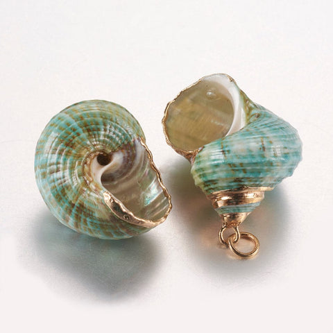 (SH5628) Electroplate Spiral Shell Pendants, with Brass Findings, Conch, Golden 21~37mm long, Electroplate Spiral Shell Pendants, with Brass Findings, Conch, Golden Size: about 22.5~32mm wide, 21~37mm long, 18~30mm thick, hole: 3mm.