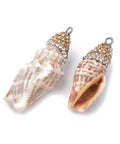 (SH5629) Spiral Shell Big Pendants, with Polymer Clay Rhinestones and Iron Findings 33~41mm long Spiral Shell Big Pendants, with Polymer Clay Rhinestones and Iron Findings, Conch Shell, Seashell Size: about 33~41mm long, 14~17mm wide, 12~14mm thick, hole: 1.5mm.